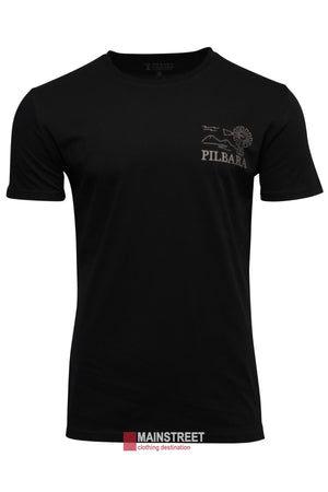 The Ritemate Pilbara T-Shirt, made from breathable cotton, highlights a minimalist design with a small white windmill and plane graphic labeled "PILBARA" on the upper left and features the "MAINSTREET clothing destination" logo in red and black at the bottom.