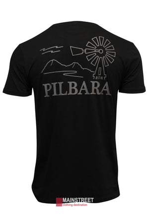 The Ritemate Pilbara T-Shirt is crafted from breathable cotton and showcases a stylized back design featuring a windmill, mountains, and "PILBARA," with a red and gray rectangular tag at the bottom that says "MAINSTREET clothing destination.