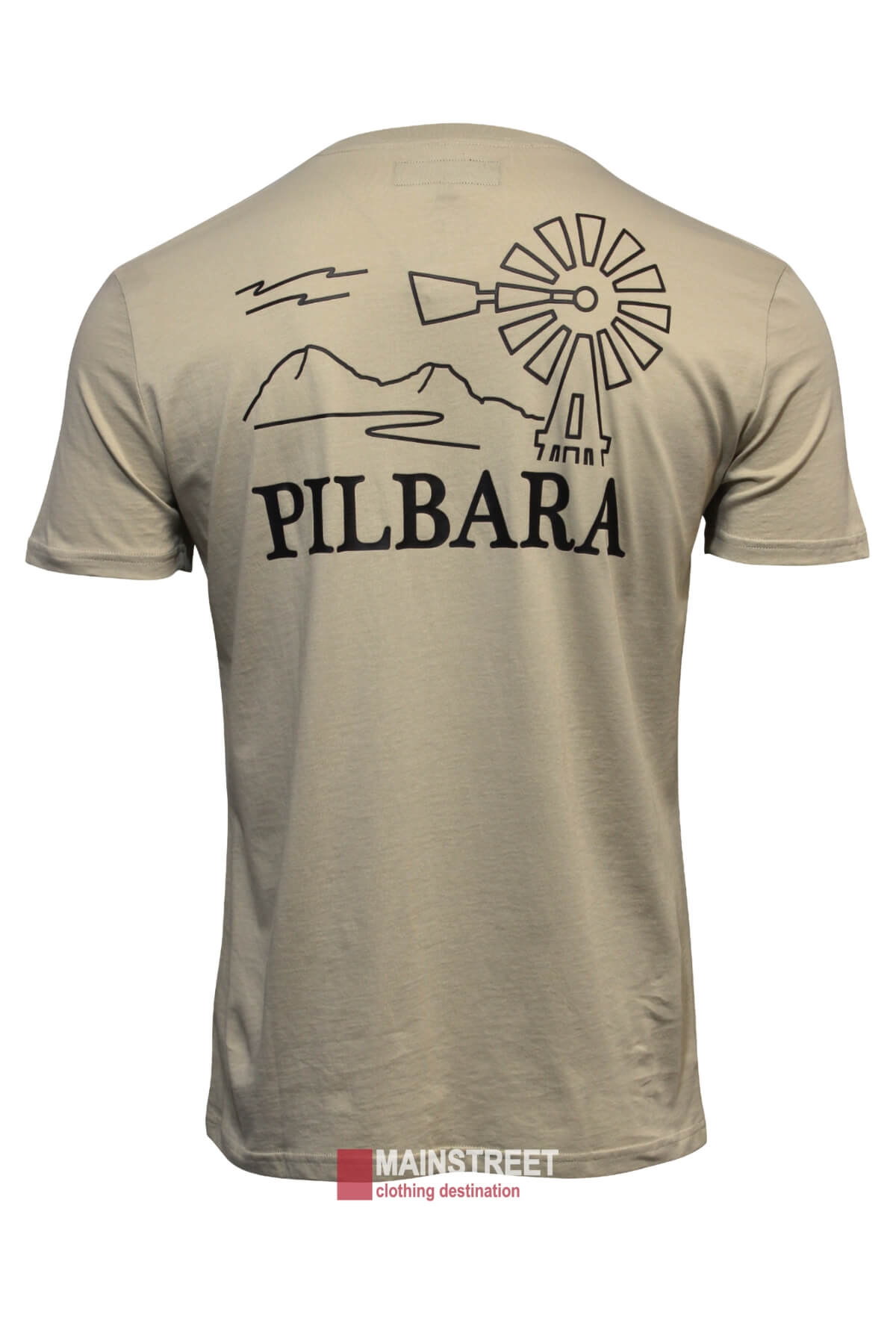 Beige Ritemate Pilbara T-Shirt shown from the back, featuring minimalist black line art of mountains, a windmill, and “PILBARA.” Made from 100% breathable cotton with a red and white MAINSTREET destination tag at the hem.