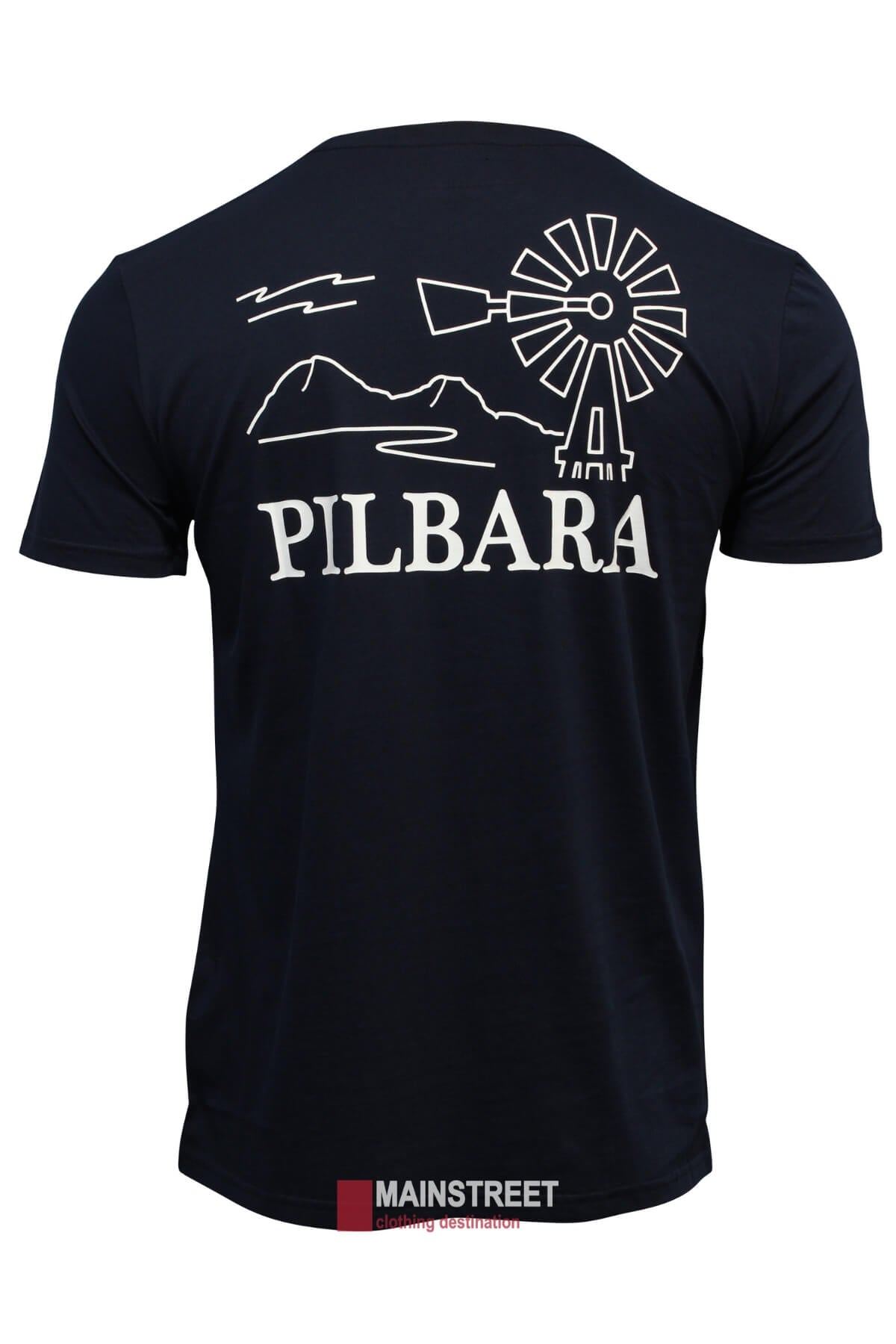 The Ritemate Pilbara T-Shirt in classic navy features a windmill and mountain graphic with "PILBARA" below, zigzag design, crafted from breathable cotton, and has a "MAINSTREET" label at the bottom.