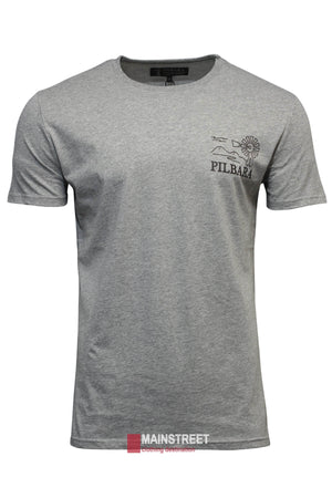 A plain light grey, breathable cotton Pilbara T-Shirt with a black line drawing and "PILBARA" on the left chest, also featuring the "MAINSTREET clothing destination" logo at the bottom center.