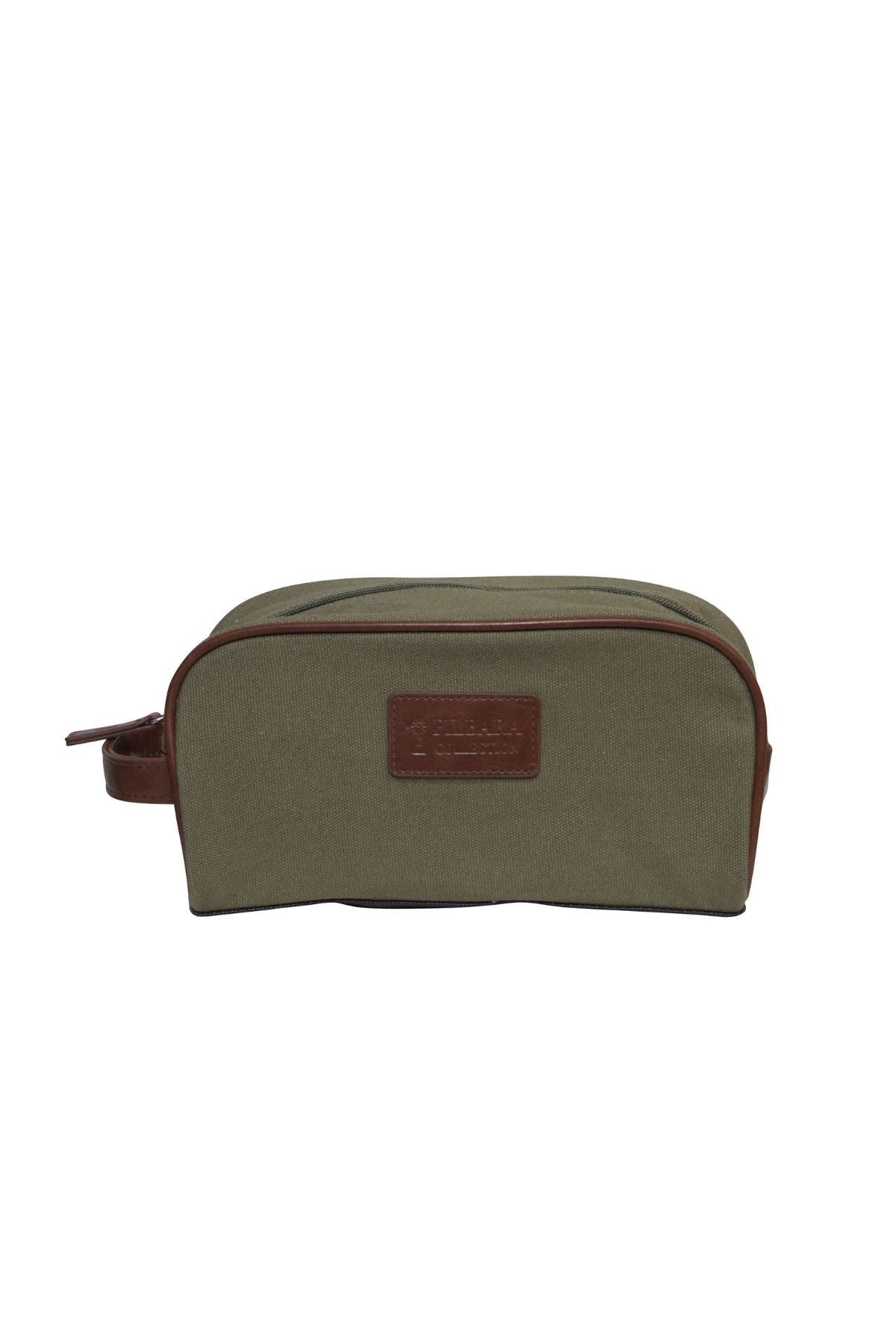 The Ritemate Pilbara Toiletry Bag is a sleek, olive-green rectangular bag made from premium canvas and accented with a brown leather handle and trim. It boasts a zippered top for secure closure and is adorned with an embossed leather patch on the front. The straightforward design combines elegance and functionality, making it ideal for luxury travel.