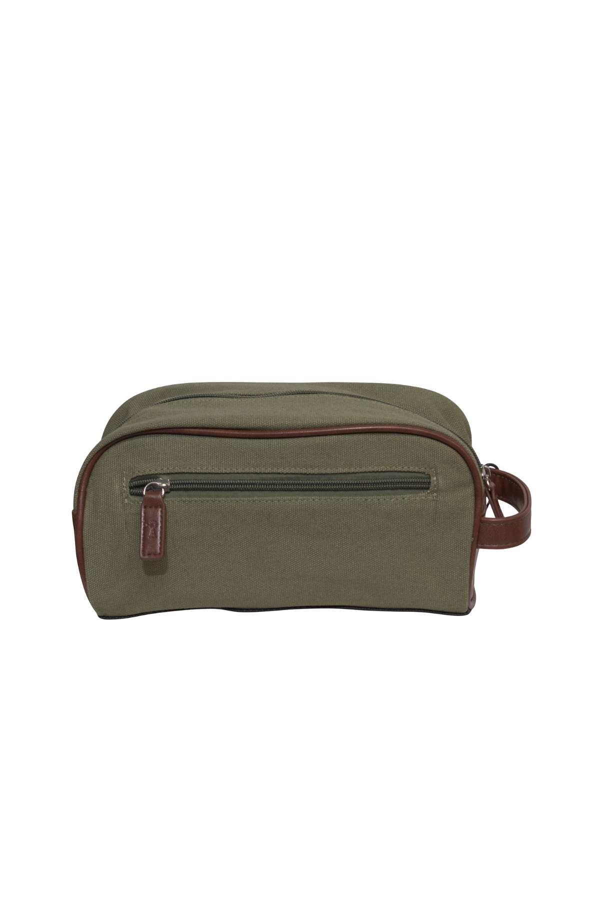 The Ritemate Pilbara Toiletry Bag, a premium green canvas toiletry bag, includes a brown leather strap on the right side. It has a zippered main compartment and a smaller front zippered pocket with a brown leather pull tab, making it perfect for luxury travel.