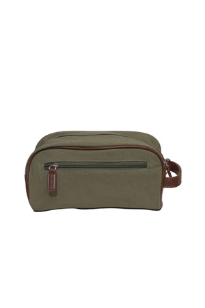 The Ritemate Pilbara Toiletry Bag, a premium green canvas toiletry bag, includes a brown leather strap on the right side. It has a zippered main compartment and a smaller front zippered pocket with a brown leather pull tab, making it perfect for luxury travel.