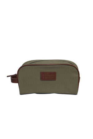 The Ritemate Pilbara Toiletry Bag is a sleek, olive-green rectangular bag made from premium canvas and accented with a brown leather handle and trim. It boasts a zippered top for secure closure and is adorned with an embossed leather patch on the front. The straightforward design combines elegance and functionality, making it ideal for luxury travel.
