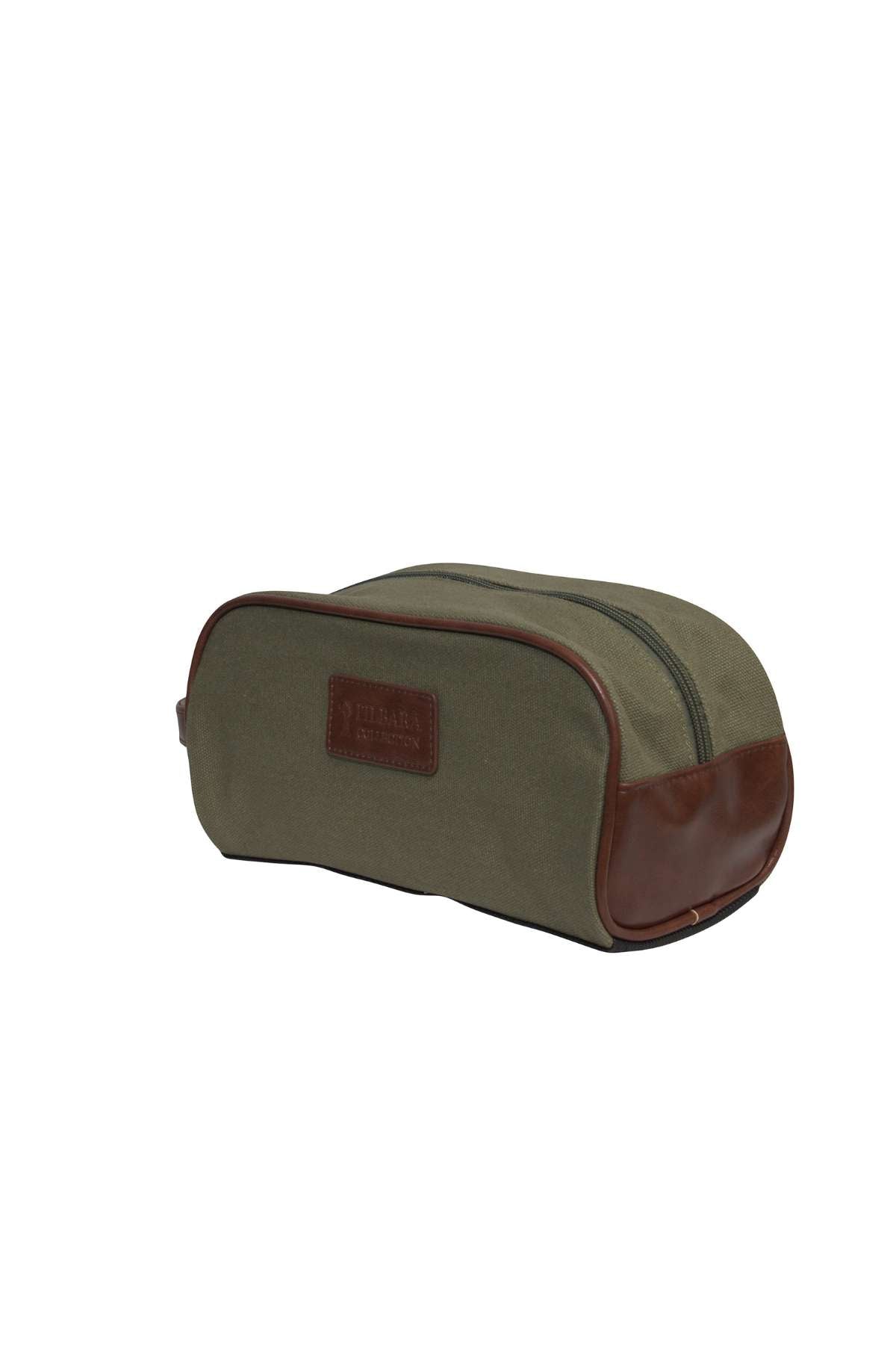 The Ritemate Pilbara Toiletry Bag is a luxurious green premium canvas toiletry bag, featuring brown leather accents and a zipper closure. It boasts an embossed leather patch with text, making it an elegant travel essential. This stylish bag is showcased against a plain white background.