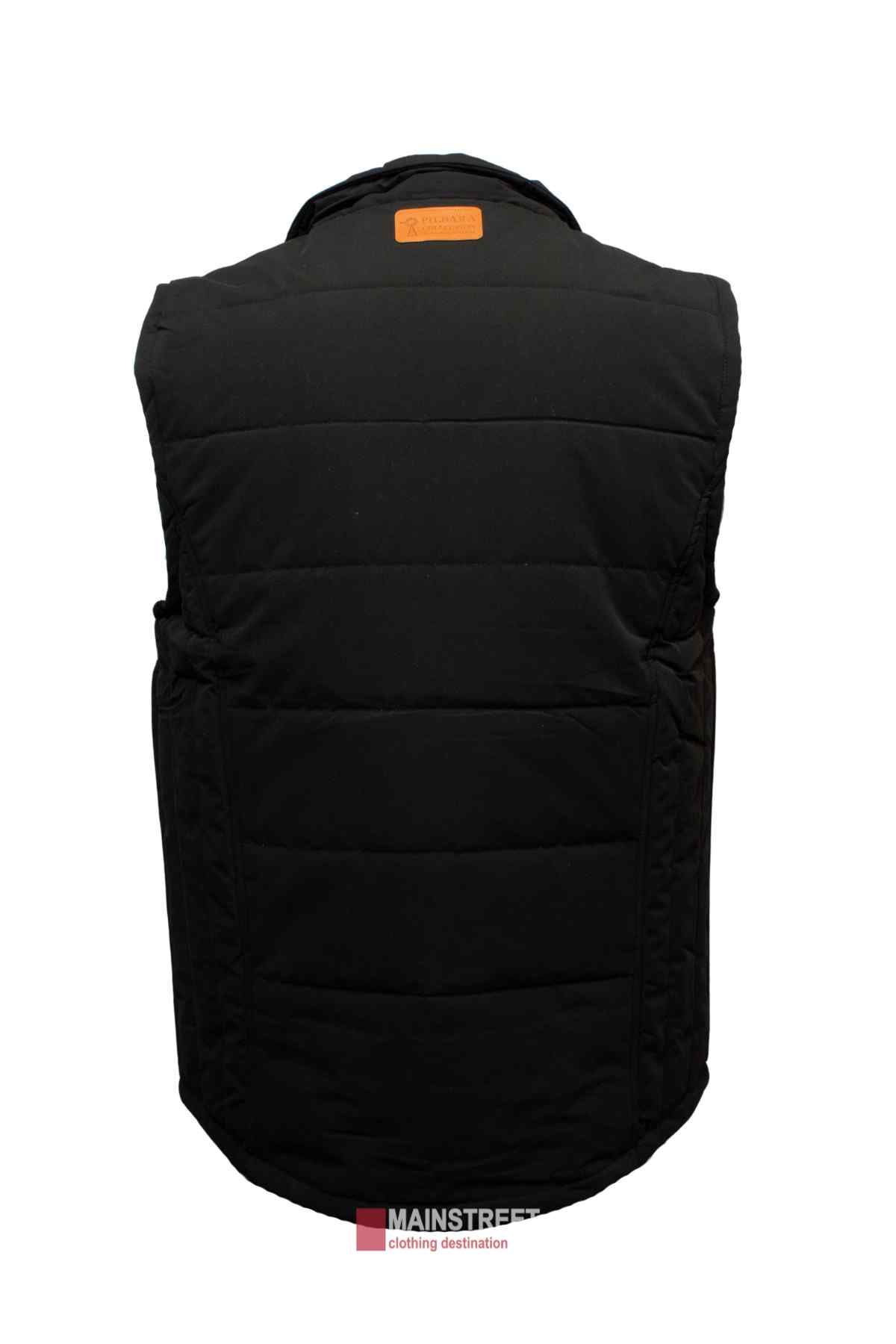 A back view of the black Pilbara Vest is shown. The waterproof vest features a quilted design with horizontal stitching and a small brown leather patch near the collar. Polyfill padding ensures warmth. The background is white, featuring a subtle "MAINSTREE" logo and tagline at the bottom center.
