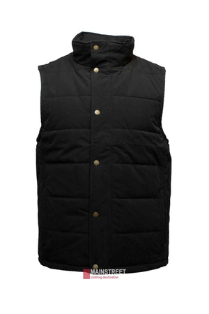 The waterproof Pilbara Vest by Ritemate features a sleeveless, black quilted design with polyfill padding and a high collar. It has a snap-button front closure and showcases the "Mainstreet clothing destination" logo at the bottom.