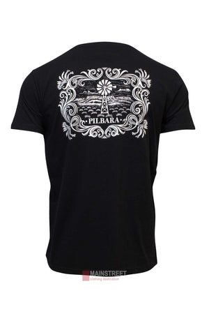 A person wearing a black Ritemate Pilbara Western Mens Short Sleeve T-Shirt seen from the back. The men's short sleeve T-shirt features a detailed white illustration of a windmill surrounded by decorative patterns and clouds, with the word "Pilbara" prominently displayed below the design.