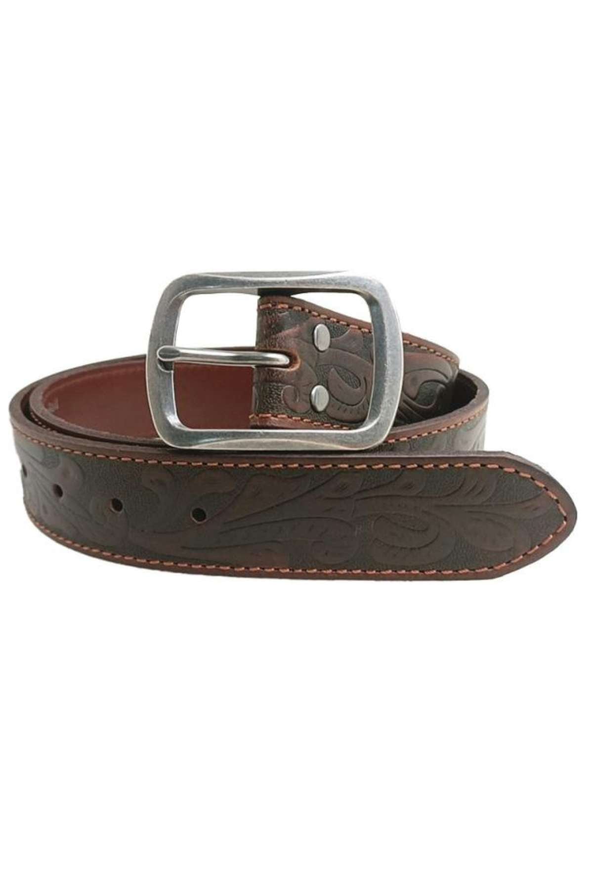 The Pilbara Western Oval Buckle Tooled Leather Belt boasts genuine tooled leather with intricate floral engravings. It features red stitching along the edges and multiple adjustment holes, perfectly blending style and functionality.
