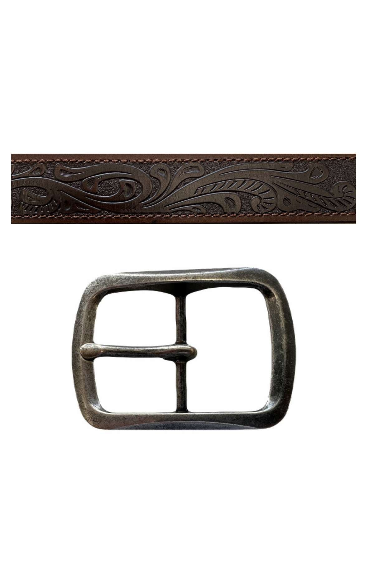 A close-up view of the Pilbara Western Oval Buckle Tooled Leather Belt showcases its brown, genuine leather construction featuring an intricate embossed floral pattern. The design is complemented by a rectangular antique-style silver buckle, highlighting the craftsmanship and attention to detail in this tooled leather belt.