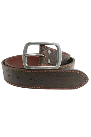 The Pilbara Western Oval Buckle Tooled Leather Belt boasts genuine tooled leather with intricate floral engravings. It features red stitching along the edges and multiple adjustment holes, perfectly blending style and functionality.