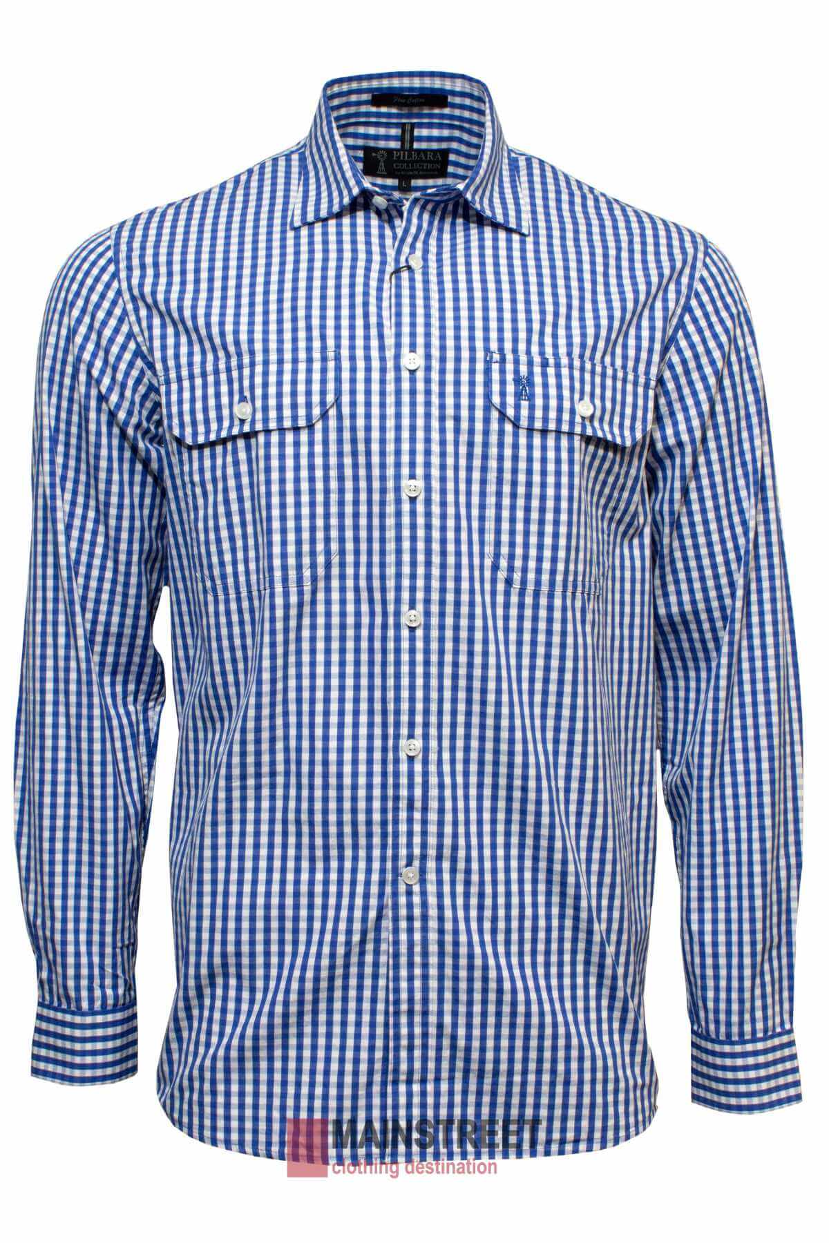 The Pilbara Check Double Pocket Shirt is a long-sleeved, blue and white checkered work shirt with two buttoned chest pockets. It features white buttons down the front and on the cuffs, making it ideal for Australian working conditions. The black tag on the collar sports white text, and the shirt is crafted with a durable cotton finish.