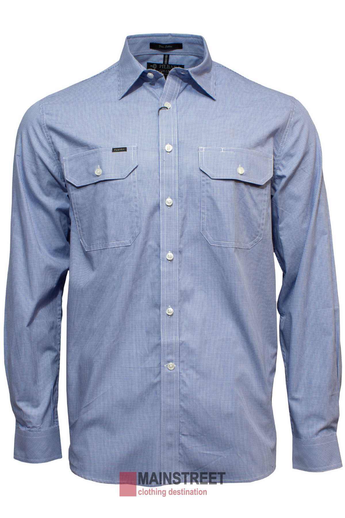 A light blue, ultra-fine cotton button-up dress shirt with a collar and two buttoned chest pockets. The shirt features a subtle vertical stripe pattern, and the "Mainstreet" clothing brand tag is visible near the hem, ensuring both style and durability as a hard-wearing work shirt.