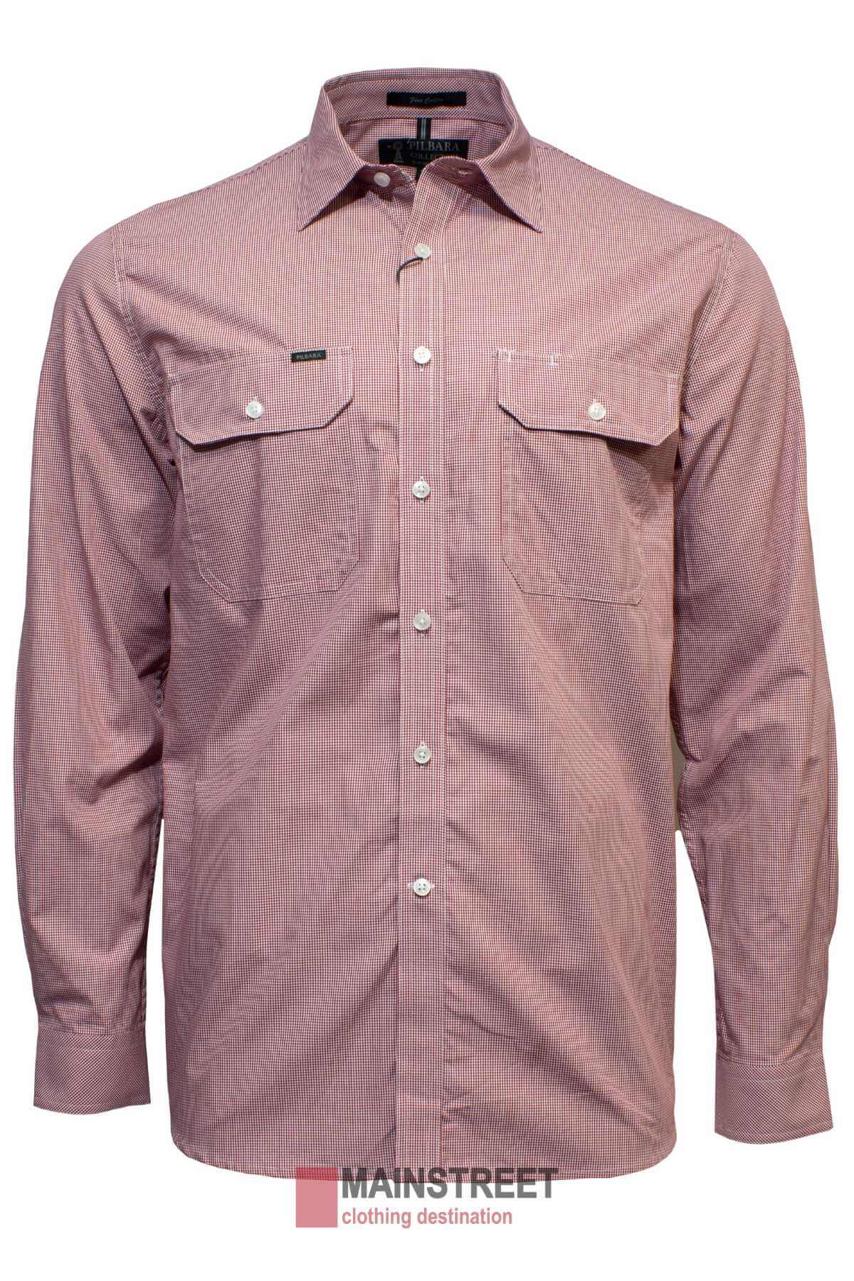 The Pilbara Check Double Pocket Shirt is a long-sleeved, maroon dress shirt made from ultra-fine cotton with a subtle striped pattern, designed for Australian conditions. It features white buttons down the front, two buttoned chest pockets, and the "Mainstreet clothing destination" label below the collar.