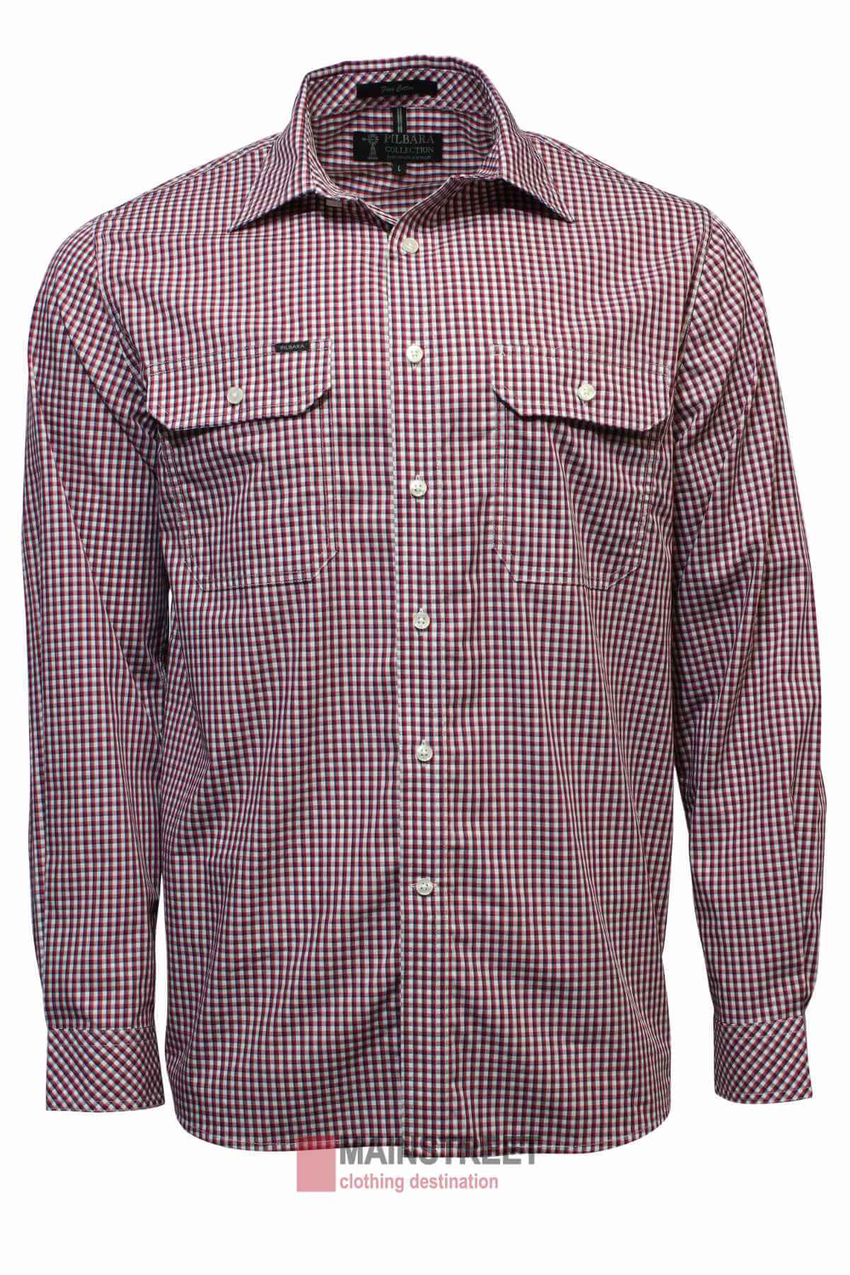 The Ritemate Pilbara Check Double Pocket Shirt is a long sleeve button-up work shirt with a red and white checkered pattern, two front chest pockets with button flaps, and is made from 100% cotton for comfort and durability.