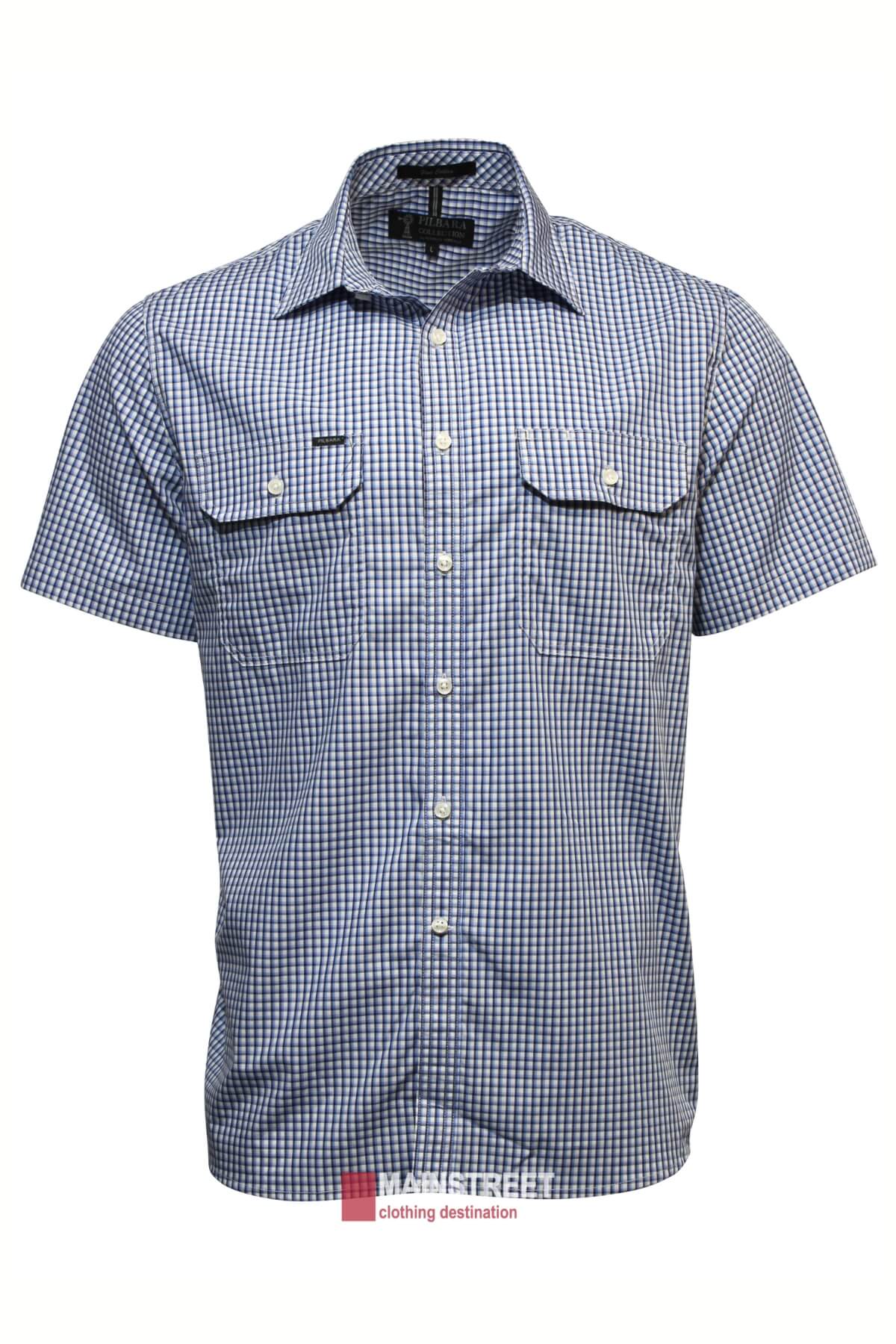 The Pilbara Short Sleeve Check Double Pocket Shirt features a blue and white checkered pattern ideal for Australian working conditions. It's designed with a collar and two chest pockets with button flaps, and its durable cotton finish ensures all-day comfort in classic style.