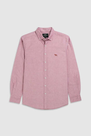 The Rodd & Gunn Gunn Oxford Sports Fit Shirt is a stylish, long-sleeved, light pink 100% cotton shirt with a collar, white buttons, and small embroidered logo on the left chest, displayed flat on a light gray background.