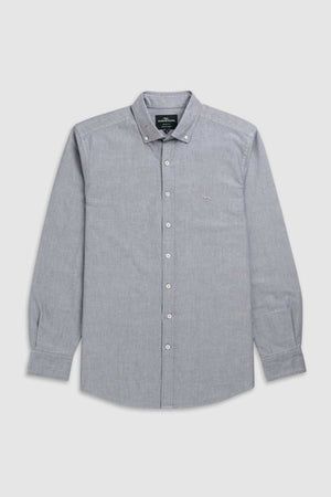 The Rodd & Gunn Gunn Oxford Sports Fit Shirt, a stylish long-sleeved button-down in light gray, is displayed neatly folded against a white background. Made from 100% cotton, it features a classic collar with buttons and a small logo on the left chest area.