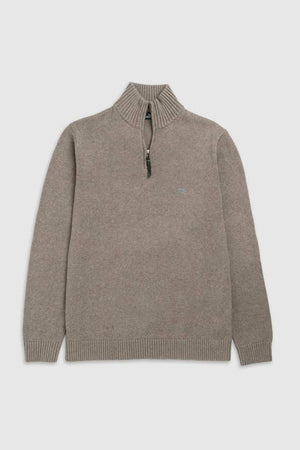 The Rodd & Gunn Merrick Bay Knit is a light brown, long-sleeve pullover sweater made from 100% cotton, featuring a ribbed high collar, YKK quarter zip at the neck, and ribbed cuffs and hem, laid flat on a white background.