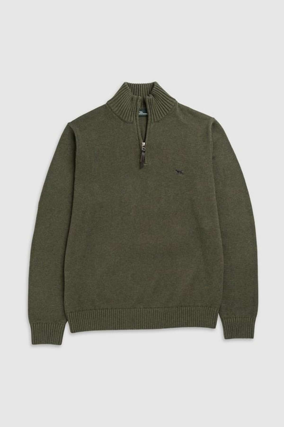 The Rodd & Gunn Merrick Bay Knit is a green quarter-zip sweater made from 100% cotton with a ribbed collar, cuffs, and hem. It features a premium YKK zip partially down and a small logo on the left chest, laid flat against a plain background.