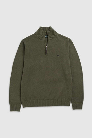 The Rodd & Gunn Merrick Bay Knit is a green quarter-zip sweater made from 100% cotton with a ribbed collar, cuffs, and hem. It features a premium YKK zip partially down and a small logo on the left chest, laid flat against a plain background.