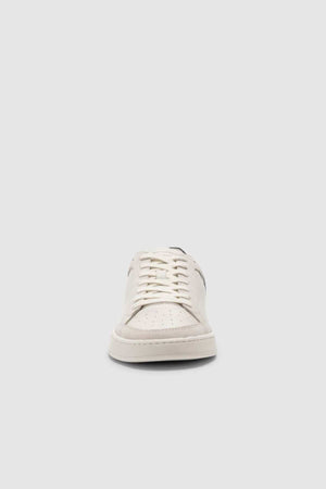 The Rodd & Gunn Sussex Street Sneaker is shown from the front against a light gray background, featuring white uppers, visible laces, perforated toe details, and a sturdy rubber outsole.