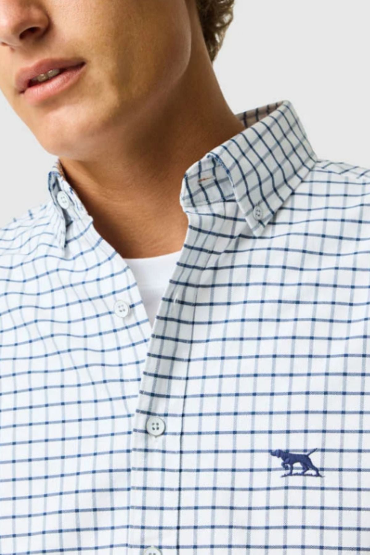 Wearing the Rodd & Gunn Gunn Check Oxford 3 Sports Fit Shirt in white with a blue check pattern and a small blue embroidered animal logo on the chest, only the person’s lower face and upper torso are visible.