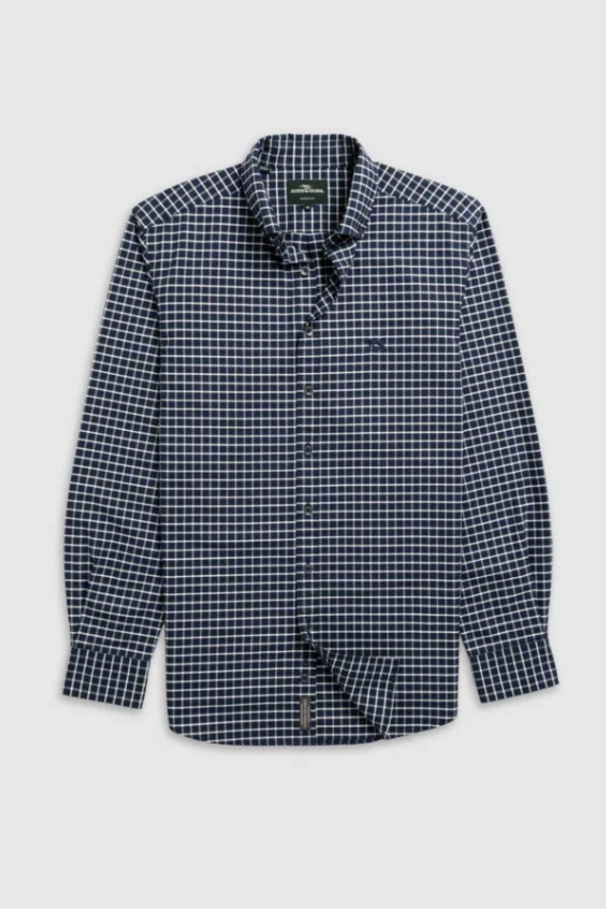 The Rodd & Gunn Gunn Check Oxford 3 Sports Fit Shirt is a long-sleeve, button-down Oxford featuring a navy and white check pattern, shown flat on a light gray background.