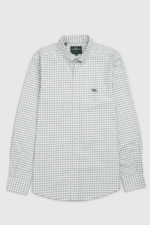 The Rodd & Gunn Gunn Check Oxford 3 Sports Fit Shirt is a long-sleeved, white Australian cotton shirt with a green and navy check pattern and an embroidered logo on the left chest.