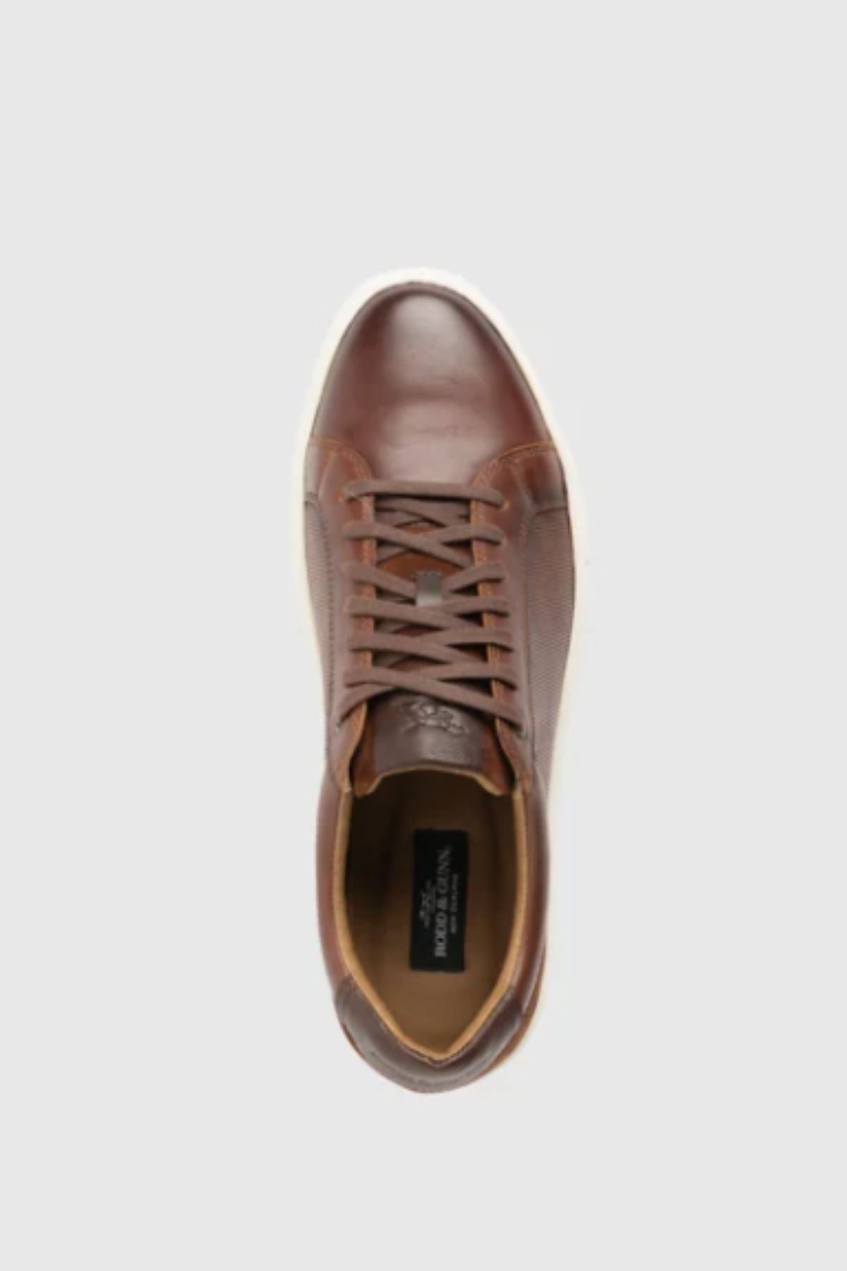 A top view of the Rodd & Gunn Transit Sneaker reveals brown leather with matching laces and a white rubber sole, set against a light gray background.