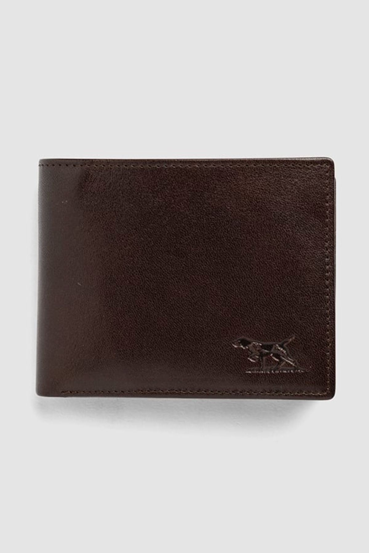 The Rodd & Gunn Wardville Pouch Wallet, crafted from dark brown Italian leather with a small embossed dog logo in the lower right corner and RFID protection, is displayed on a plain light gray background.