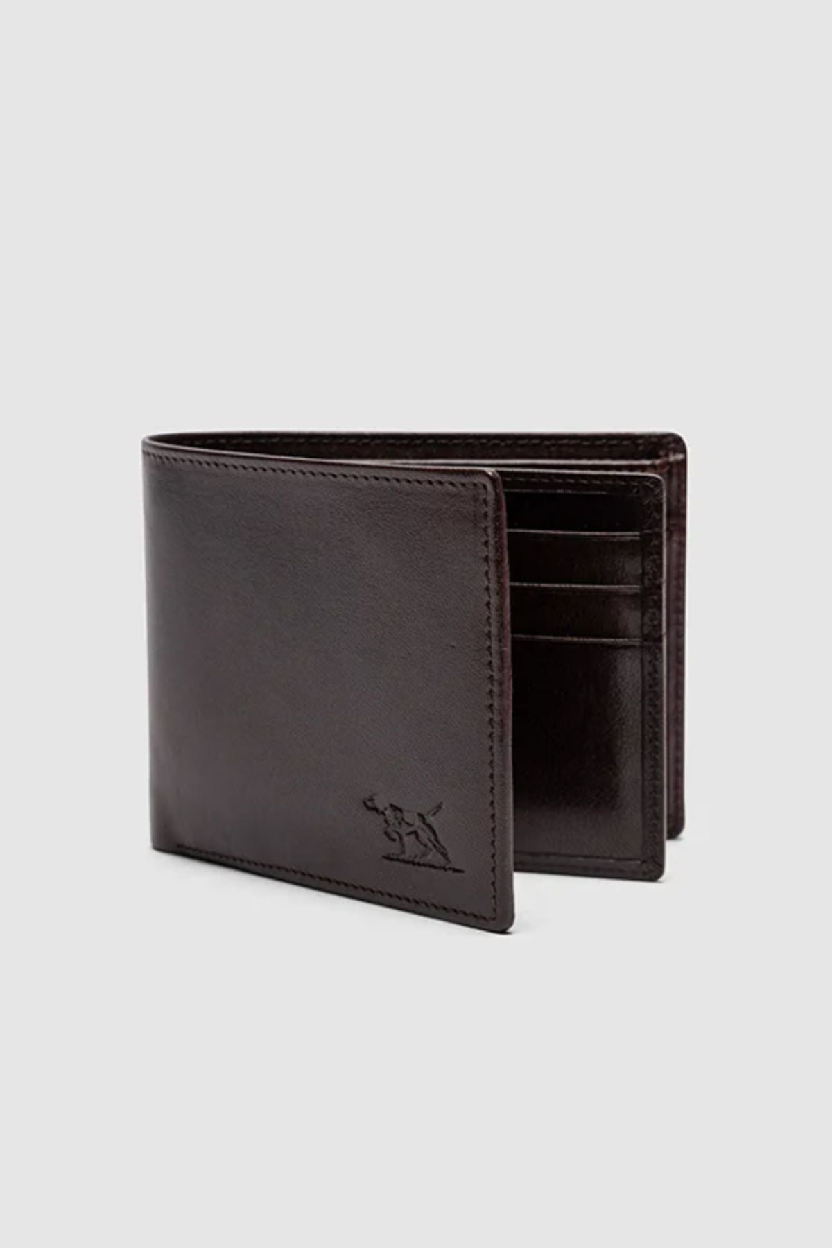 The Rodd & Gunn Wardville Pouch Wallet, crafted from dark brown Italian leather with an embossed corner logo, features multiple card slots, built-in RFID protection, and is displayed slightly open against a plain light gray background.