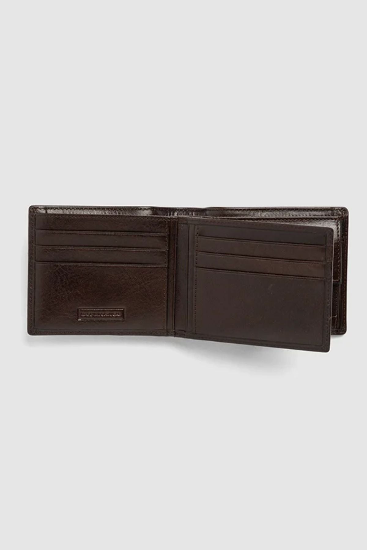 The Rodd & Gunn Wardville Pouch Wallet, crafted from dark brown Italian leather, is open to reveal multiple card slots and compartments on both sides with RFID protection, displayed against a plain light gray background.