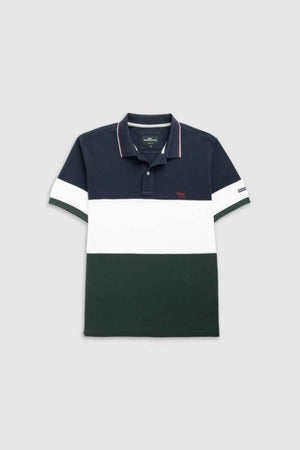 The Rodd & Gunn Homebay Polo features a color-blocked sports fit with navy top, wide white stripe, dark green bottom, collar, short sleeves, and embroidered logo. Crafted from sustainable Australian Good Earth Cotton for comfort and style.