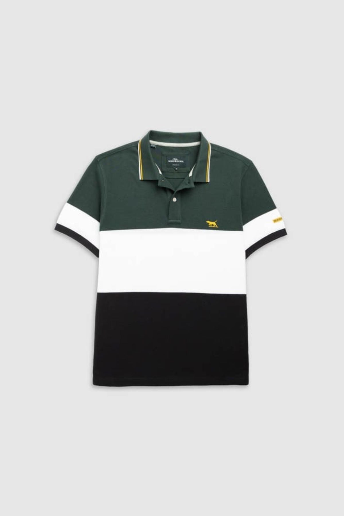 The Rodd & Gunn Homebay Polo features a sports fit, green/white/black stripes, a collar with yellow accents, and a small yellow dog logoāideal for those who value sustainable men's fashion.