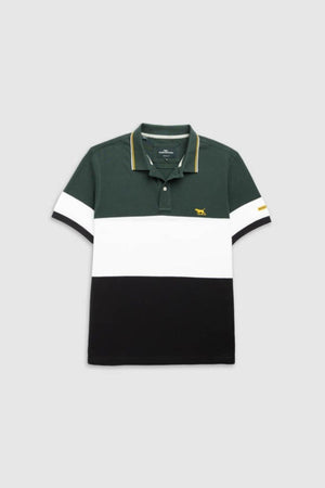 The Rodd & Gunn Homebay Polo features a sports fit, green/white/black stripes, a collar with yellow accents, and a small yellow dog logoāideal for those who value sustainable men's fashion.