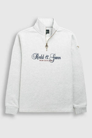 The Rodd & Gunn Jubilee Sweat is a light gray quarter-zip sweatshirt with "Rodd & Gunn New Zealand" embroidered in navy blue script. It features sustainable craftsmanship, a standing collar, and a zipper with an easy loop pull.