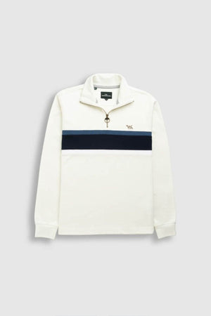 The Rodd & Gunn Chesterfield Sweat is a white long-sleeve quarter-zip pullover with light blue and navy stripes, a small embroidered dog logo, and is made from eco-friendly Good Earth Cotton.