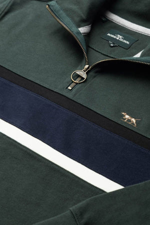 A close-up of the Rodd & Gunn Chesterfield Sweat, a green quarter-zip with a gold dog logo, navy and white stripes, and a metal ring zipper pull. Made with Good Earth Cotton for an eco-conscious style.