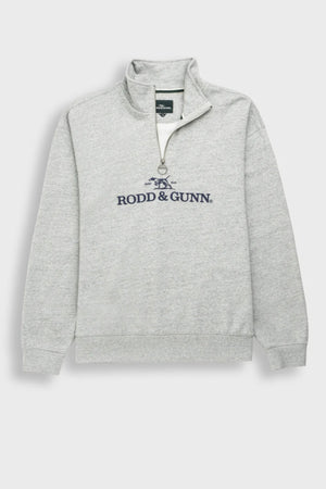 The Rodd & Gunn Milford Sound Sweat is a light grey quarter-zip sweatshirt with a premium YKK metal zip, stand-up collar, long sleeves, ribbed cuffs and hem, and “RODD & GUNN” logo embroidered in dark blue.