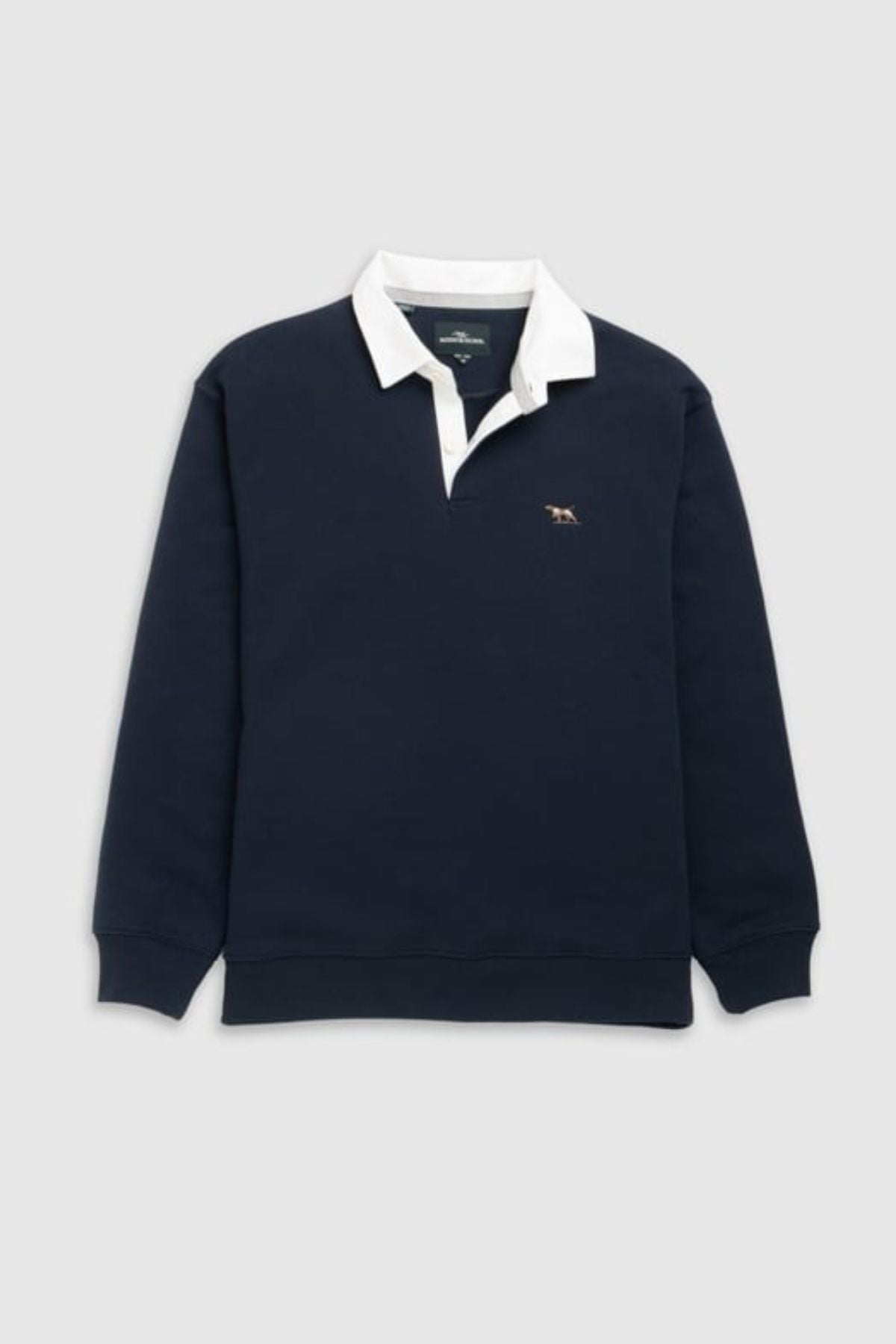 The Rodd & Gunn Otago Sweat is a navy long-sleeve rugby shirt with a white collar, cuffs, and an embroidered animal logo on the left chest, shown on a light gray background.