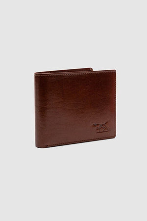 The Rodd & Gunn Wakefield Bi-Fold Wallet, crafted from brown Italian leather with a subtle embossed dog logo at the bottom right, is displayed slightly open against a plain light grey background.