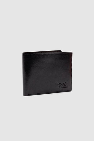 The Rodd & Gunn Wakefield Bi-Fold Wallet, crafted from black Italian leather, stands upright on a light gray background with a subtle embossed horse and rider logo in the lower right corner.