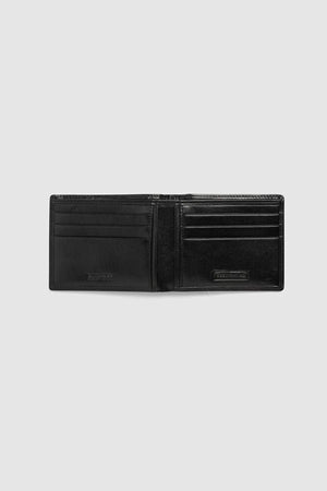 The Rodd & Gunn Wakefield Bi-Fold Wallet in black Italian leather is shown open on a light gray background, revealing multiple card slots and compartments on both sides.