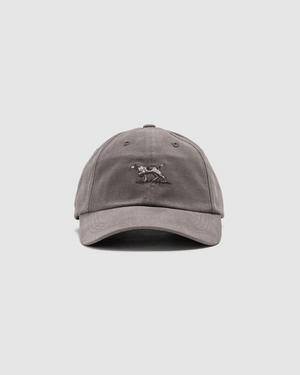 The Rodd & Gunn Signature Cap is a gray cotton twill baseball cap with an embroidered running dog on the front, shown against a plain light gray background.