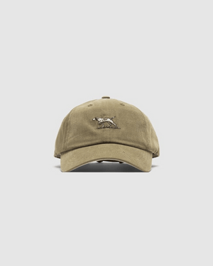 The Rodd & Gunn Signature Cap is a beige cotton twill baseball cap with an embroidered dog in a hunting pose, set against a light gray background for added style and comfort.