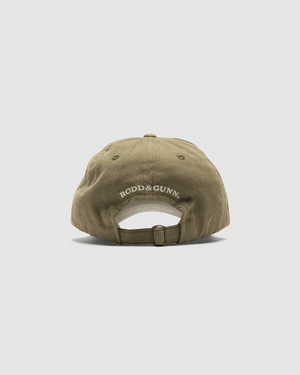 A rear view of the Rodd & Gunn Signature Cap shows it in brown Cotton Twill, featuring "RODD & GUNN" in white and equipped with an adjustable strap for a perfect fit.