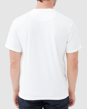 The image features the back view of a person wearing the "Rodd & Gunn The Gunn T-Shirt," made from Australian Cotton in plain white, paired with dark pants in a sports fit. The background is light gray.