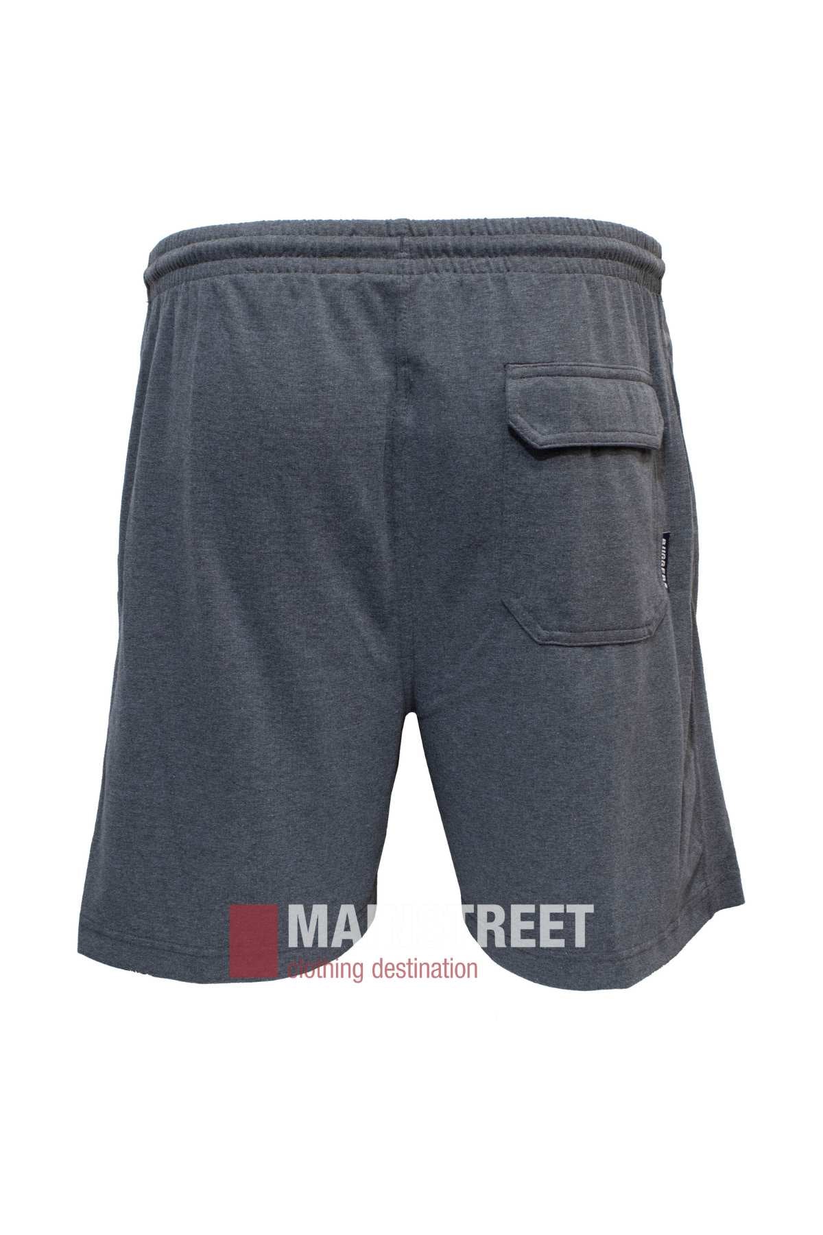 Back view of the Ruggers Jersey Knit Sweat Short in dark gray, crafted from soft polyester/cotton fabric with an elastic waistband and a right-side flap pocket, displayed on a plain white background.